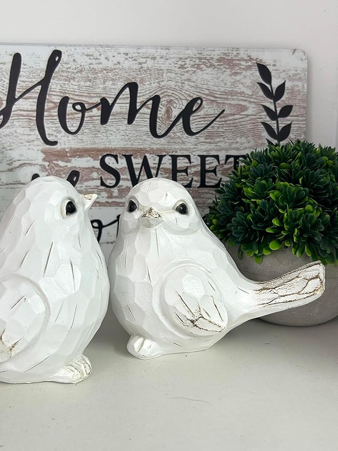 Set of 2 White Bird Decor for Home Decor, Farmhouse Bird Decor Bird Statue Sculpture - Decorative Carved Rustic Distressed Animal Bird Decor Ornaments - Collectible Bird Figurine | Spring