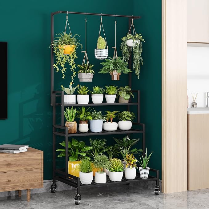 YIZAJIA Plant Stand Indoor 3 Tier Metal Outdoor Tiered Stands Shelf With wheel for Multiple Plants Potted Ladder Plant Holder Table Plant Pot Stand for Window Garden Balcony Living Room
