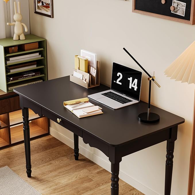 WOODTIME 47.2" W Home Office Computer Desk with Solid Wood Legs, Vintage Gaming PC Desk Study Writing Table with Drawer, Black