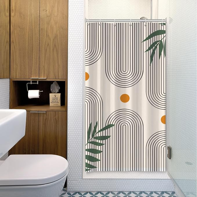 Boho Mid Century Shower Curtain Bohemian Minimalist Geometric Arch Sun Bathroom Curtain Sage Green Plant Polyester Shower Curtain Sets for Bathroom Extra Long 36x72 in with 6 Hooks