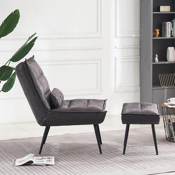 MCombo Wingback Accent Chair with Ottoman, Modern Bronzing Fabric Upholstered Club Chair for Small Space, Living Room 4400 (Dark Grey)