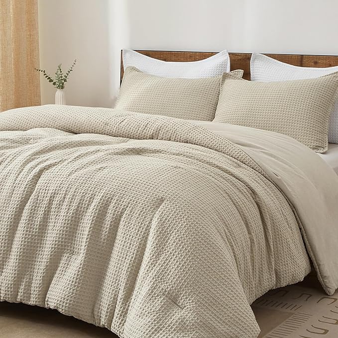 PHF Ultra Soft Waffle Weave Comforter Set California King Size, 3 Pieces Lightweight Breathable Comfy Bedding Set, Comfy Textured 1 Comforter with 2 Pillow Shams, Linen