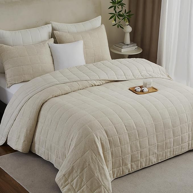Powdion French Linen Quilt Queen, 100% Linen Front / 100% Cotton Back Pre-Washed Vintage Bedding for All Season, Oversized European 3 Pieces Stitch Bedspread