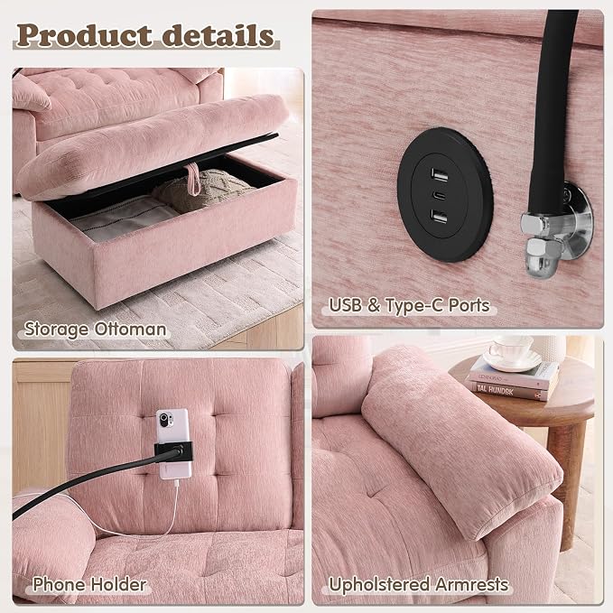 Oversized Chaise Lounge Chair Indoor with Ottoman&Adjustable Backrest,Chenille Tufted Recliner Comfy Loveseat Sofa Chair with USB&Phone Holder,Convertible Sleeper Couch Bed for Living Room(56"W,Pink)