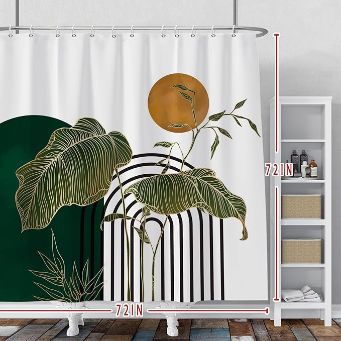 Baocicco Boho Shower Curtain Green Gold Leaves Plants Sun Modern Abstract Geometric Shower Curtains Decorative for Bathroom Waterproof Fabric Shower Curtain with Hooks 72x72 Inches