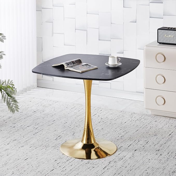 31.5 Inch Square Dining Table for 2 to 4 Person Mid Century Modern Tulip Table with Metal Pedestal Base Thick MDF Top for Apartment Kitchen Bistro Office, Black and Golden