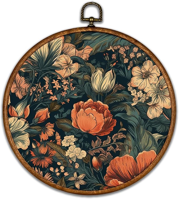 KSDUT Aesthetic Flower Dark Wall Art Decor - Botanical Neutral Mid Century Modern Wall Art Canvas Frame Hanging Prints, Vintage Landscape Round Wall Art Decor for Home Decorations 10"x10"