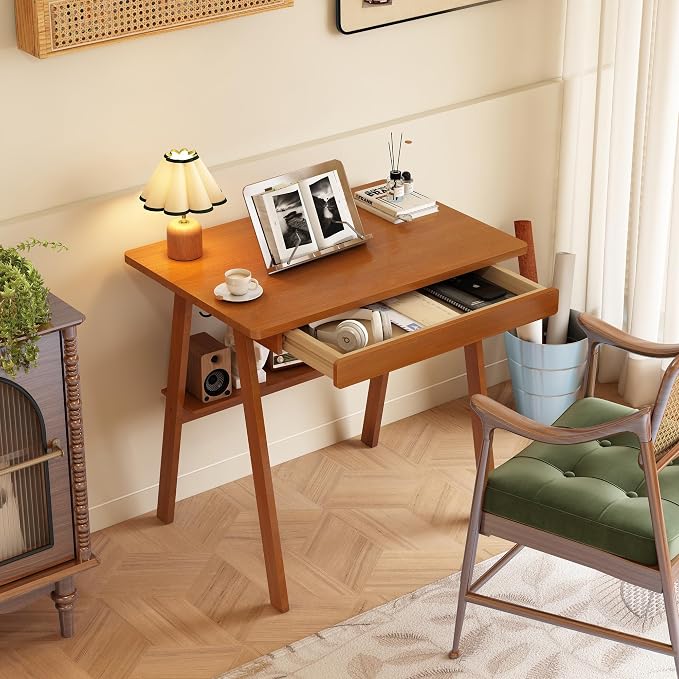 Solid Wood Desk with Drawers - 31.5 Inch Mid Century Modern Desks with Storage Shelf, Small Writing Desk for Small Spaces, Home Office Desks for Bedroom & Home, Walnut Color
