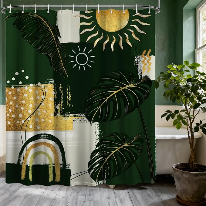 Green and Gold Mid Century Modern Shower Curtain Bohemian Abstract Shower Curtains for Bathroom Decor Sets, Waterproof Cloth Fabric with Hooks, 70x78 Inch