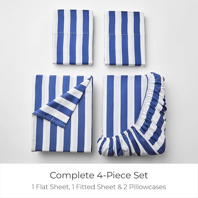 Mellanni King Sheets Set - 4 PC Iconic Collection Bedding - Hotel Luxury, Extra Soft, Cooling Bed Sheets - Wrinkle, Fade, Stain Resistant (King, Oxford Stripe Blue Nova)