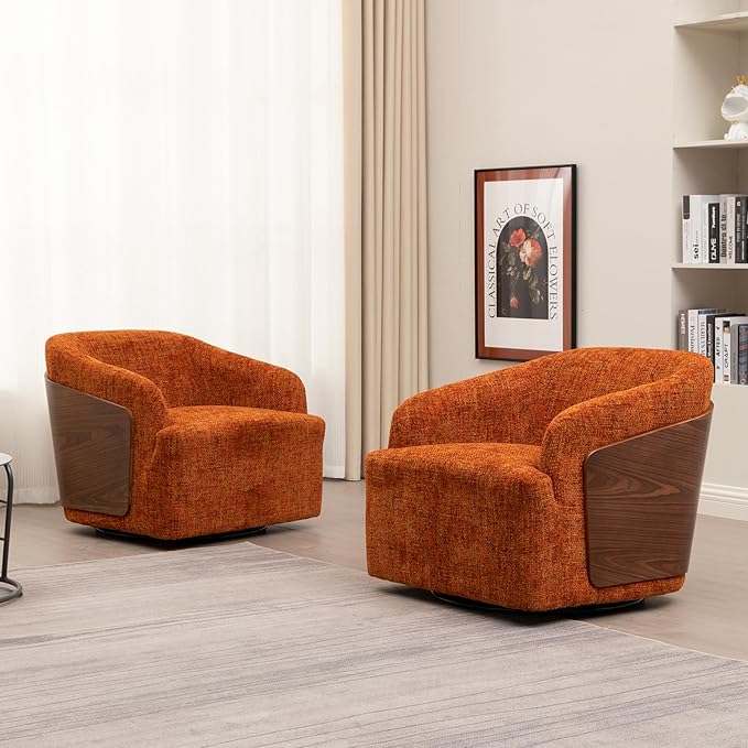 Swivel Accent Chair Linen Swivel Barrel Chair Comfortable Mid Century Modern Chair Upholstered Metal Base Armchair for Living Room Bedroom Office Large Vintage Orange
