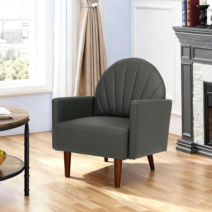 Mid-Century Accent Chair, Faux Leather Armchair - Shell-Shaped Back Waterproof PU Leather Modern Retro Lounge Chair for Living Room, Office, Bedroom & Waiting Room