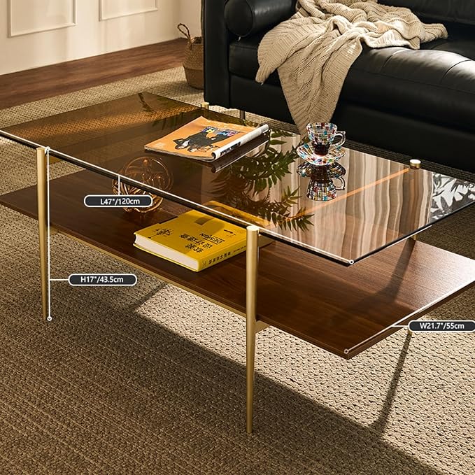 Saint Mossi Tadio X-Large Glass Coffee Table, Double Layer Glass Coffee Table for Living Room, Brown Glass & Coffee Brown MDF Bottom Shelf