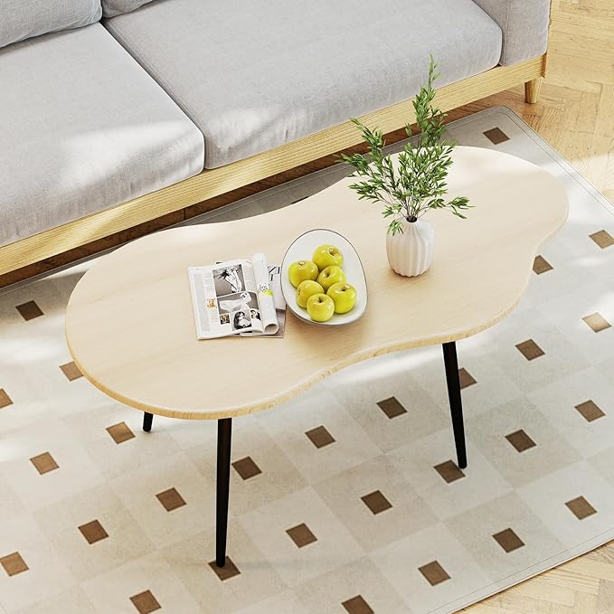 Giantex Small Coffee Table, 39.5" Cloud Center Table with Metal Frame, Unique Irregular Accent Cocktail Tea Table, Modern Wood Coffee Table for Living Room, Small Spaces (Natural)
