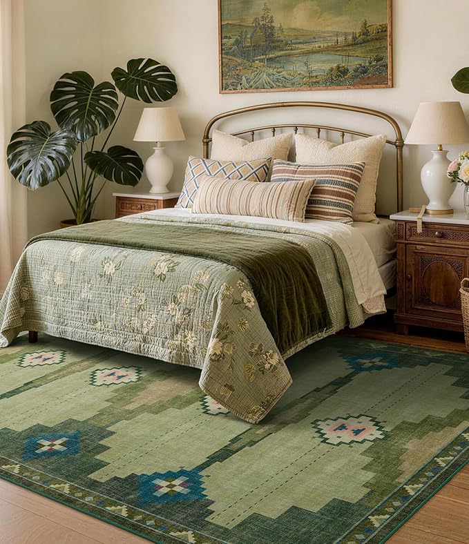 YIHOUSE Mid Century Modern Rugs for Living Room, 8x10 Green Rug No-Slip Southwestern Large Area Rug Washable Rugs for Bedroom, Dining Room