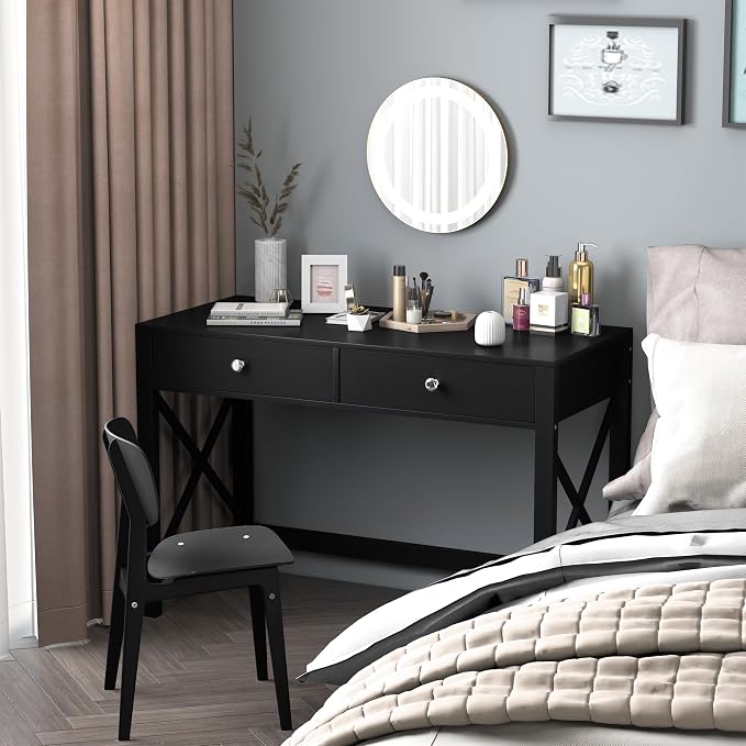 WiberWi Home Office Desk with Drawers, Modern Writing Computer Desk for Bedroom, Small Makeup Vanity Table Study Table for Home Office,Black