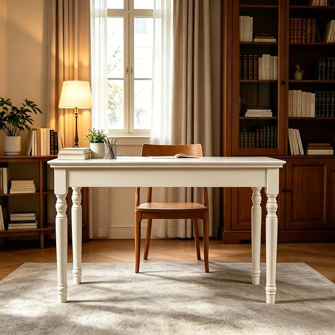 47" Narrow Solid Wood Writing Desk with Drawers, White French Country Style Computer Desk for Home Office, Living Room or Study