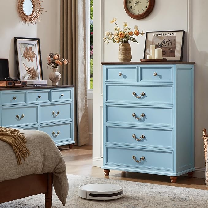Farmhouse 6 Drawer Dresser Set of 2 for Bedroom, 42" Tall Rustic Chests of Drawers w/ 4 Solid Wood Feet, Mid Century Vintage Wooden Closet Storage Dressers Organizer for Living Room,Light Blue