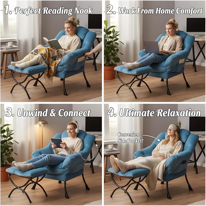 Tiita Lazy Chair with Ottoman, Blue Chiars Modern Large Accent Armchair, Comfy Leisure Sofa Reading Chair with Footrest for Bedroom, Living Room, Dorm Rooms, Garden, Velvet Light Blue