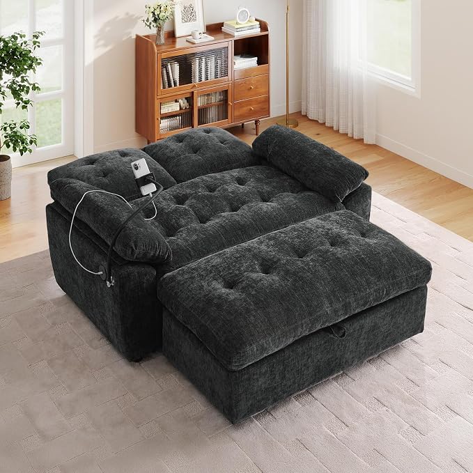 Oversized Chaise Lounge Chair Indoor with Ottoman&Adjustable Backrest,Chenille Tufted Recliner Comfy Loveseat Sofa Chair with USB&Phone Holder,Convertible Sleeper Couch Bed for Living Room(56"W,Black)