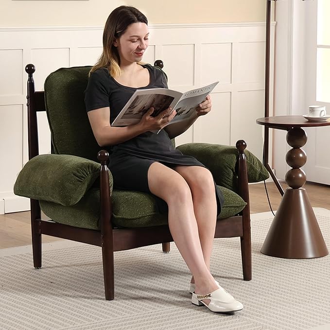 AQO Mid Century Modern Accent Chair with Arms, Upholstered Spindle Chair with Wood Frame, High-Resilience Sponge Cushion for Living Room Bedroom Office