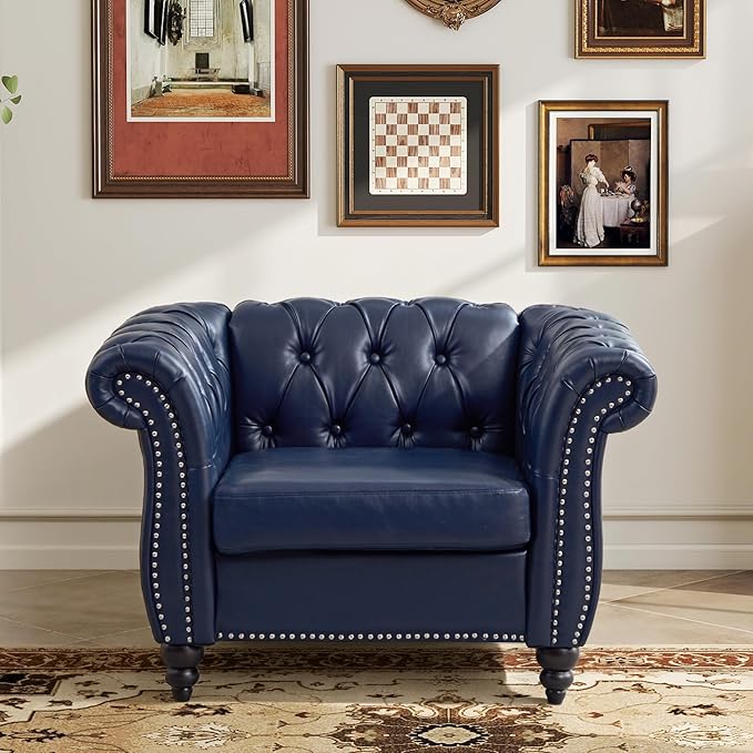 LEVNARY Chesterfield Armchair, Tufted Leather Accent Chair, Mid-Century Modern Single Chair with Rolled Arms and Nailhead Trim, PU Leather Reading Chair for Living Room (Blue)