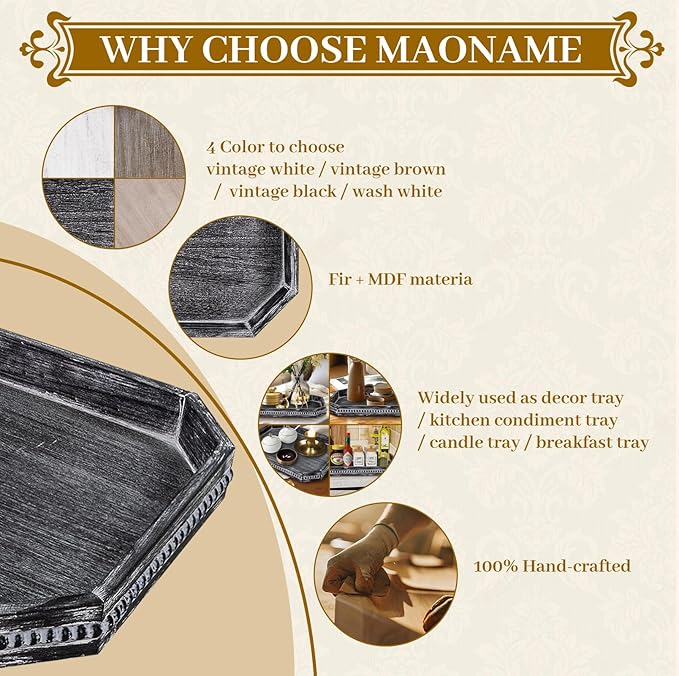 MAONAME Wood Serving Tray, Farmhouse Wooden Tray for Coffee Table, Octagonal Beaded Trays, Vintage Black Decorative Trays for Living Room, Kitchen, 15.7" X 10.2" X 1.6"