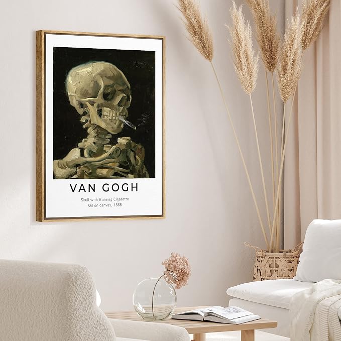 SIGNLEADER Framed Canvas Print Wall Art Van Gogh Skull with Burning Cigarette Decorative Brushstroke Illustrations Fine Art Colorful Multicolor Warm for Living Room, Bedroom, Office - 16"x24" Natural