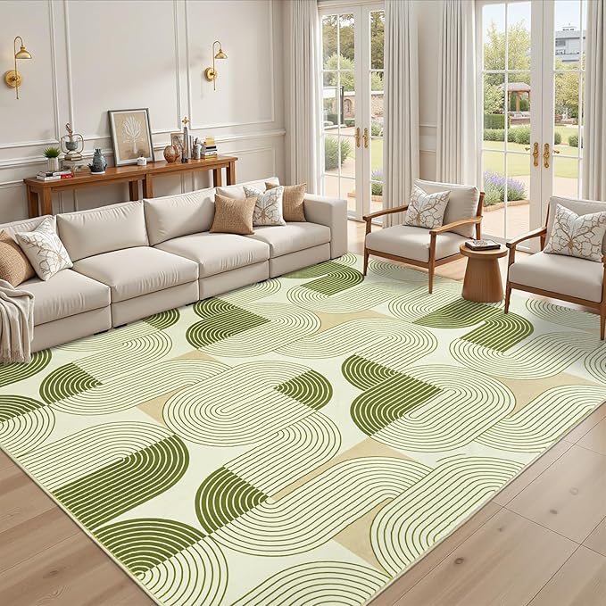 8x10 Area Rugs for Living Room, Washable Soft Green Rug for Bedroom, Mid Century Modern Rug Non Slip, Indoor Floor Boho Low Pile Abstract Carpet for Dining Room Nursery Office Home