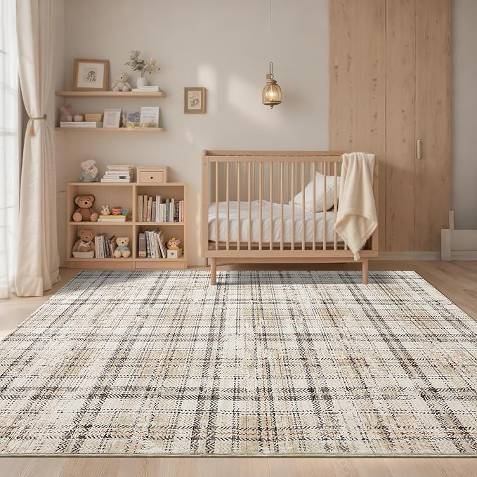 Washable 5x7 Soft Plaid Traditional Tartan Area Rug - Non Shedding, Non Slip, Stain Resistant, for Living Room, Bedroom, Nursery, Office - Beige