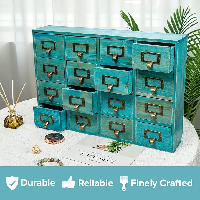 Teal 16-Slot Wooden Drawer Unit - Country Style Desk Organizer Box - 20"x3.6”x14” Wooden Storage Box w/ 16 Drawers - Countertop Drawers w/Label Holder & Handle - Slim 4-Level Desk Organizer