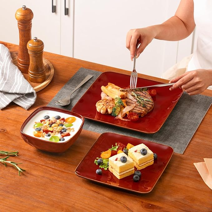 vicrays Ceramic Square 12 Pieces Dinnerware Set - Dinner Plates Salad Plates Cereal Bowls Set Service for 4 - Scratch Resistant Microwave Oven Dishwasher Safe - Cherry Red