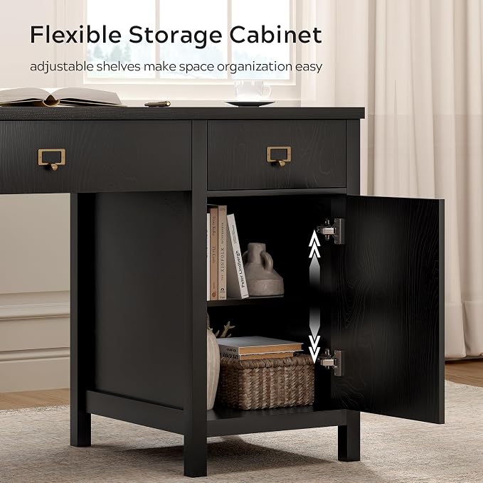 EYYTHUNG 59" Executive Desk with File Drawers Cabinet, Modern Computer Desk with Charging Station, Keyboard Tray, Large Home Office Desk, Farmhouse Wood Desk for Study, Writing, Black