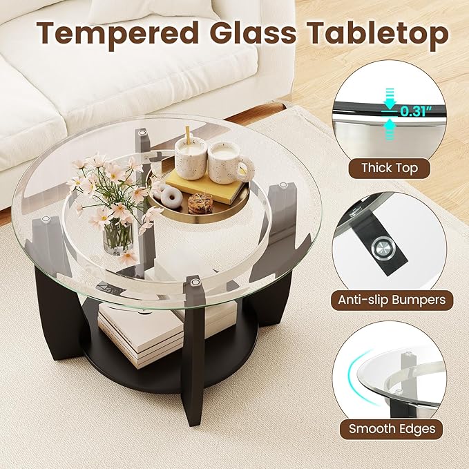 GOFLAME Glass Coffee Table with Storage, 32” Rolling Round Center Table with Tempered Glass Top, Solid Rubber Wood Legs, Wheels, Mid-Century Modern, 2-Tier Circle Tea Tables for Living Room (Black)