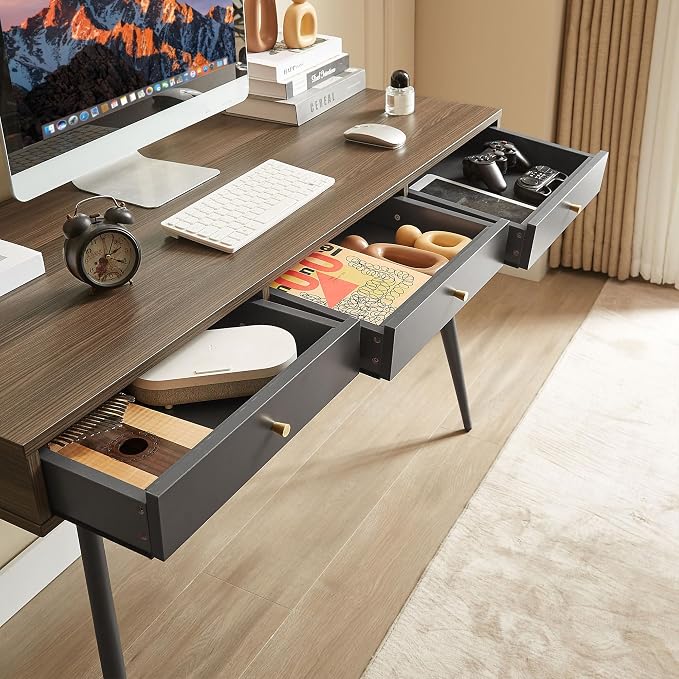KEVINSPACE Mid Century Desk with Drawers, 47" Modern Home OfficeDesk, Writing StudyDesk ComputerDesk with Metal Legs & 3 Drawers, Multipurpose Vanity TableDesk for Bedroom Office, Walnut&Grey