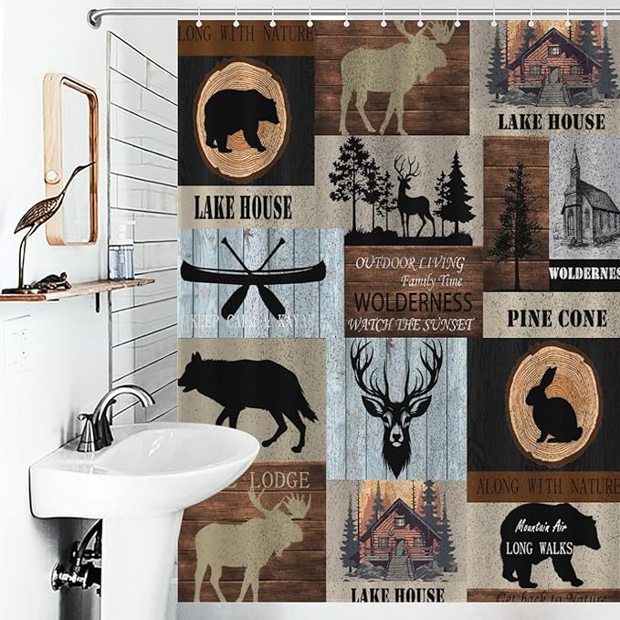Rustic Cabin Shower Curtain Bear Deer Forest Wildlife Country Lodge Hunting Camping Animal Farmhouse Vintage Waterproof Shower Curtains for Bathroom Decor 12 Pack Hooks 55x72in（140x183cm）