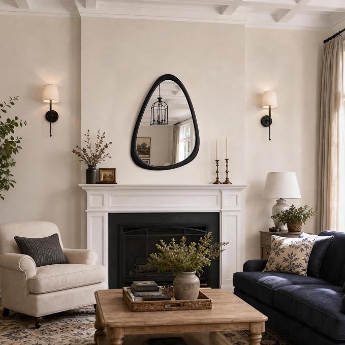 30" x 20" Asymmetrical Wall Mirror with Black Wood Frame, Irregular Wall Mirror for Bedroom Entryway Living Room, HD Tempered Glass, Horizontal or Vertical Hanging