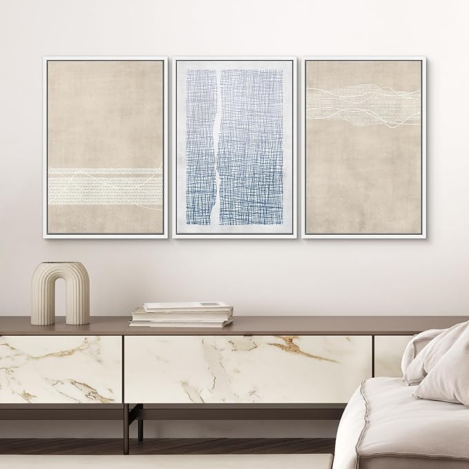 SIGNWIN Framed Canvas Print Wall Art Set Tan Blue Geometric Landscape Abstract Shapes Cozy Neutral Modern Art Decorative Boho Relax/Zen Nordic for Living Room, Bedroom, Office - 16"x24"x3 White