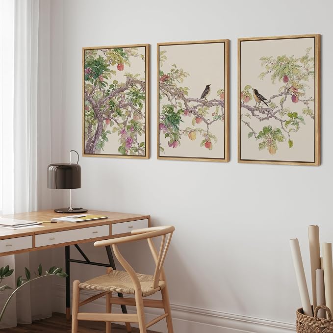 wall26 Framed Print Wall Art Set Watercolor Fruit Tree Branch with Birds Botanical Decorative Minimal Relax/Zen for Living Room, Bedroom, Office - 24"x36"x3 NATURAL