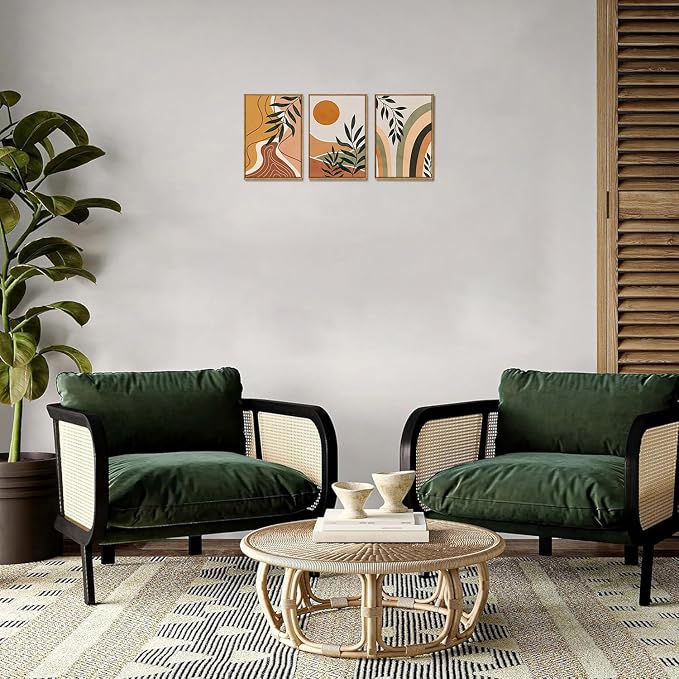 Bwodke Boho Wall Art, Framed Abstract Sun Wall Art, Botanical Canvas Wall Decor, Mid Century Line Leaf Geometric Pictures Set of 3, Minimalist Paintings, for Bedroom Living Room Bathroom 12"x16"