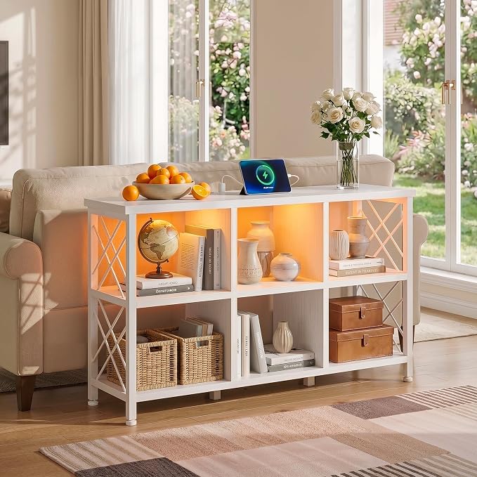 DurayLoly 6 Cube Storage Organizer with LED Light and Charging Station, Wood and Metal Cube Shelf as White Horizontal Book Shelf for Bedroom Home Office