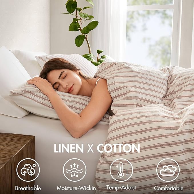 Madison Park Duvet Cover Set for Hot Sleepers - Linen Cotton Rayon Blend, Cal King Size 3 Piece Set with Shams - Lightweight & Breathable Bedding, Terracotta Striped Design