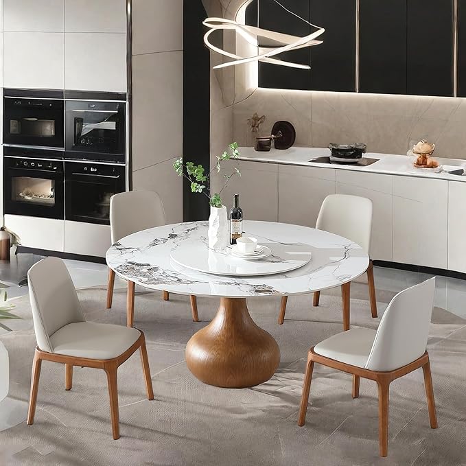 Montary 5 Piece Modern Dining Table Set of 4, Round 53" D Faux Marble Dining Table with Lazy Susan, Sintered Stone Top and Wood Base Dining Room Table with 4 Dining Chairs