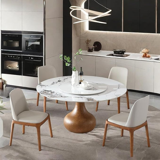 Montary 5 Piece Modern Dining Table Set of 4, Round 53" D Faux Marble Dining Table with Lazy Susan, Sintered Stone Top and Wood Base Dining Room Table with 4 Dining Chairs