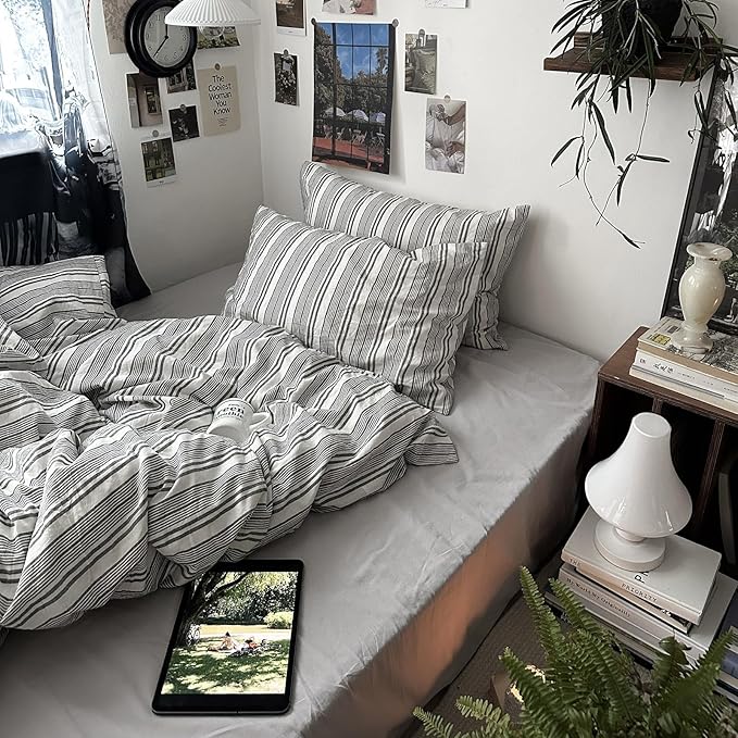mixinni Vintage Gray & White Striped Duvet Cover Set - 3 Piece 100% Washed Cotton Twin XL Size Bedding | Minimalist Gender-Neutral Design | Ultra-Soft Breathable, with Zipper Closure & Corner Ties