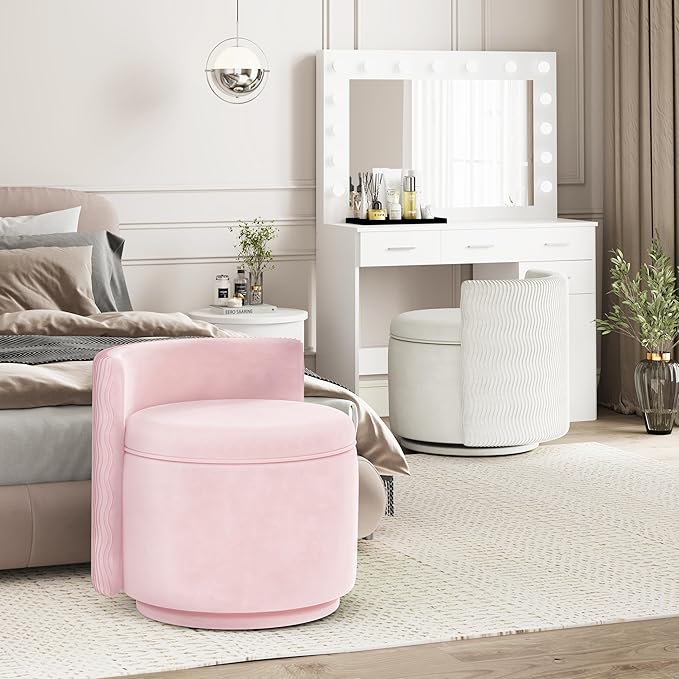 360° Swivel Accent Chair with Storage, Vanity Stool with Back, Velvet Storage Ottoman, Upholstered Round Barrel Vanity Chair for Living Room, Makeup Room, Bedroom (Pink)