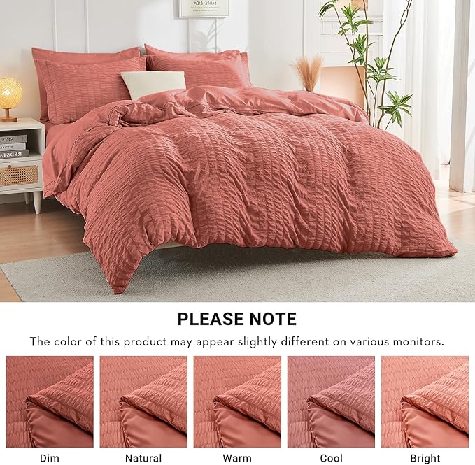 HYMOKEGE Coral King Size Comforter Set Seersucker 7 Pieces, All Season Luxury Bed in a Bag for Bedroom, Bedding Set with Comforter, Sheets, Pillowcases & Shams