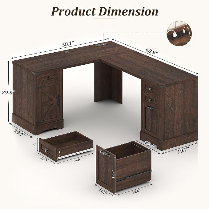 Squireewo 68.9'' Farmhouse L Shaped Desk with Drawers, Wood Executive Home Office Desk with Charging Station, File Drawers and Storage Cabinet, Computer Corner Desk for Work, Study and Writing, Brown