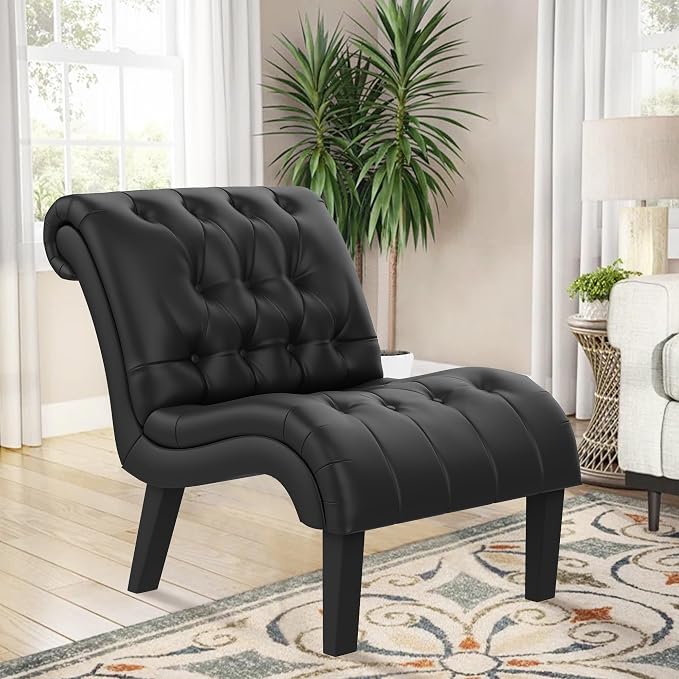 Black Faux Leather Accent Chair Modern Button Tufted Upholstered Armless Chair for Bedroom Living Room with Wood Legs