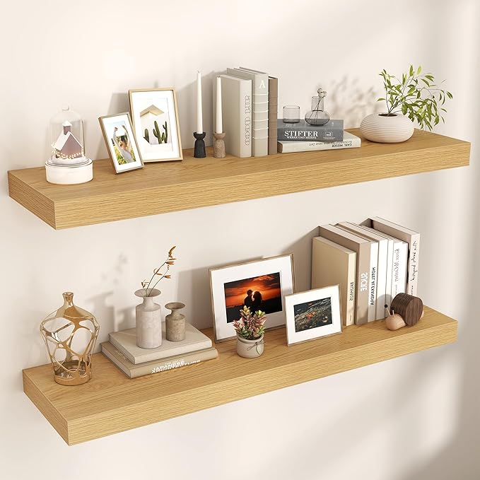 Floating Shelves for Wall, 48" W x 12" D x 2" H, 2 Pack of Long Wall Mounted Engineered Wood Shelves with Invisible Brackets for Living Room, Bedroom, Bathroom, Kitchen Decor, Oak